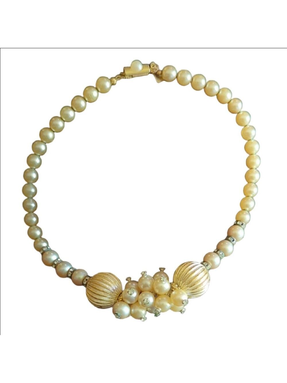 Gold Necklace with Textured Beads and Crystal Accents